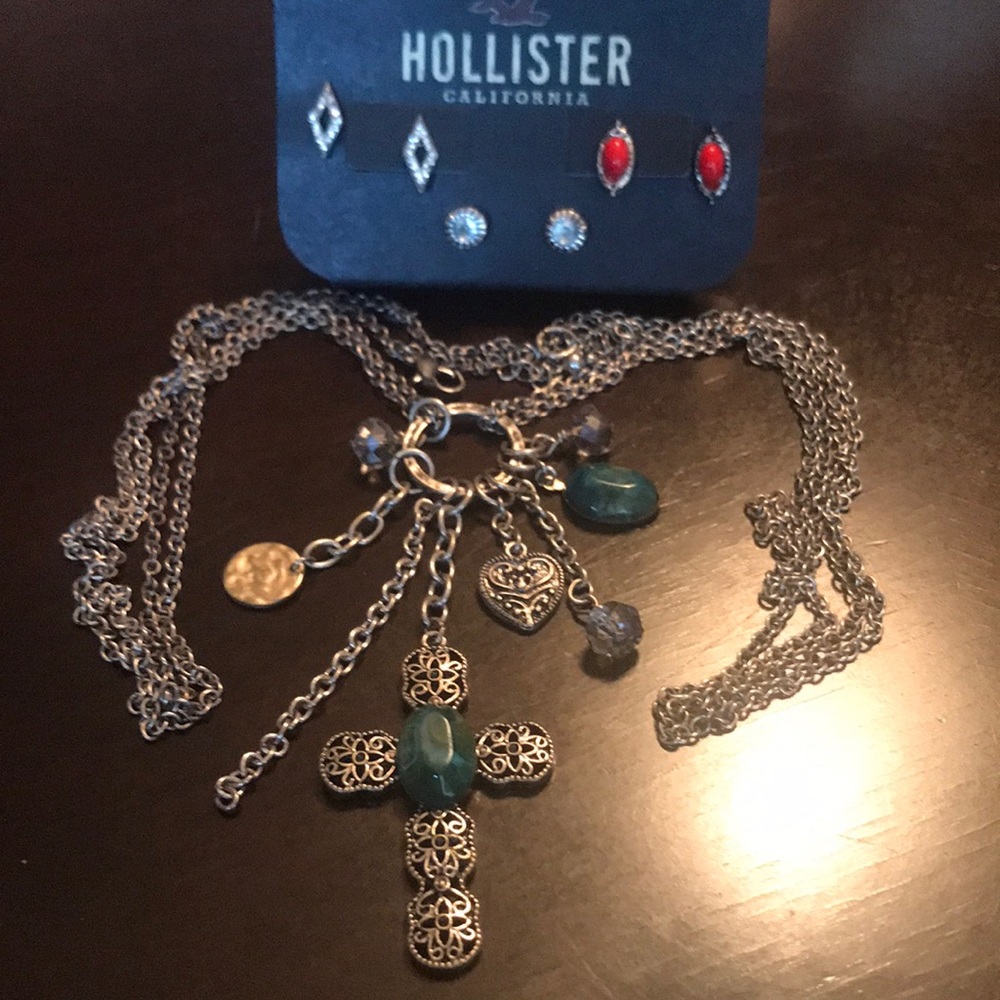 29” Cross Necklace And 3 sets of Hollister for earrings. One price (Sku 125)